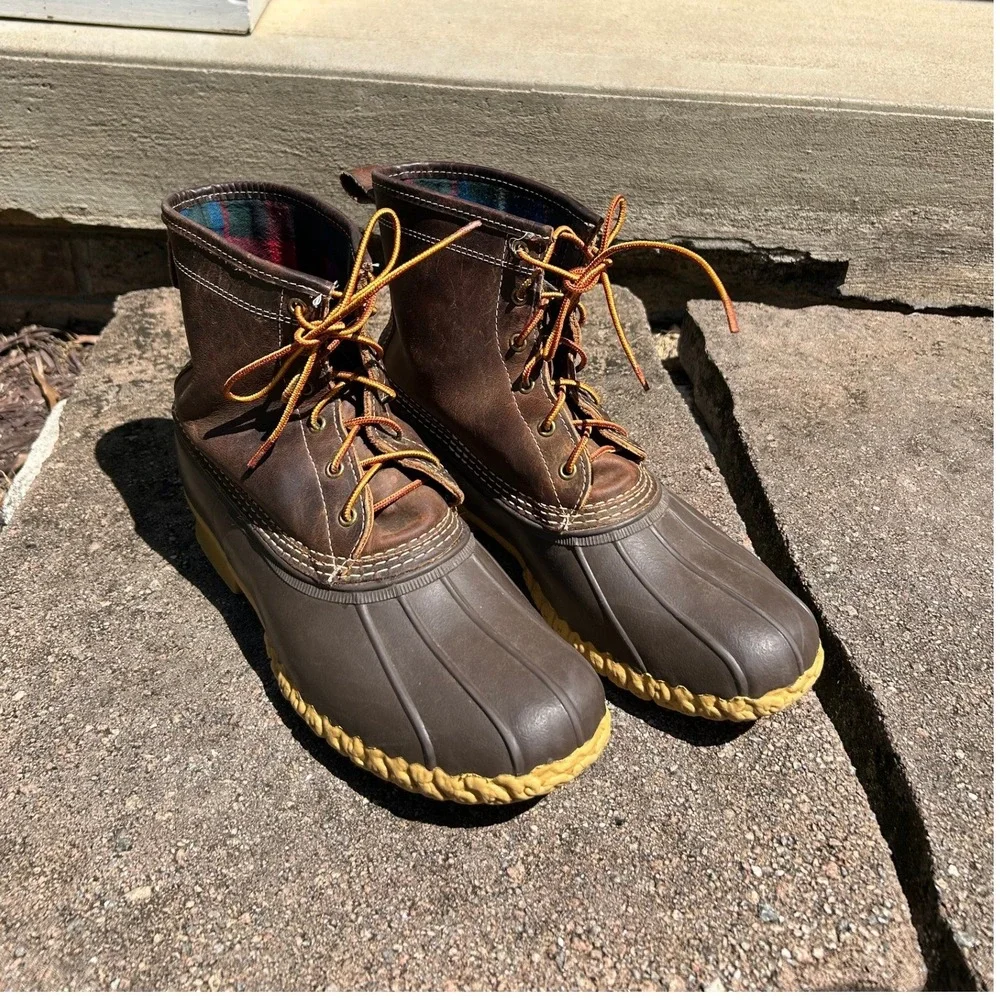 LL Bean Mens 8 Duck Boots Brown Leather Flannel Lined Gorpcore, New England Prep